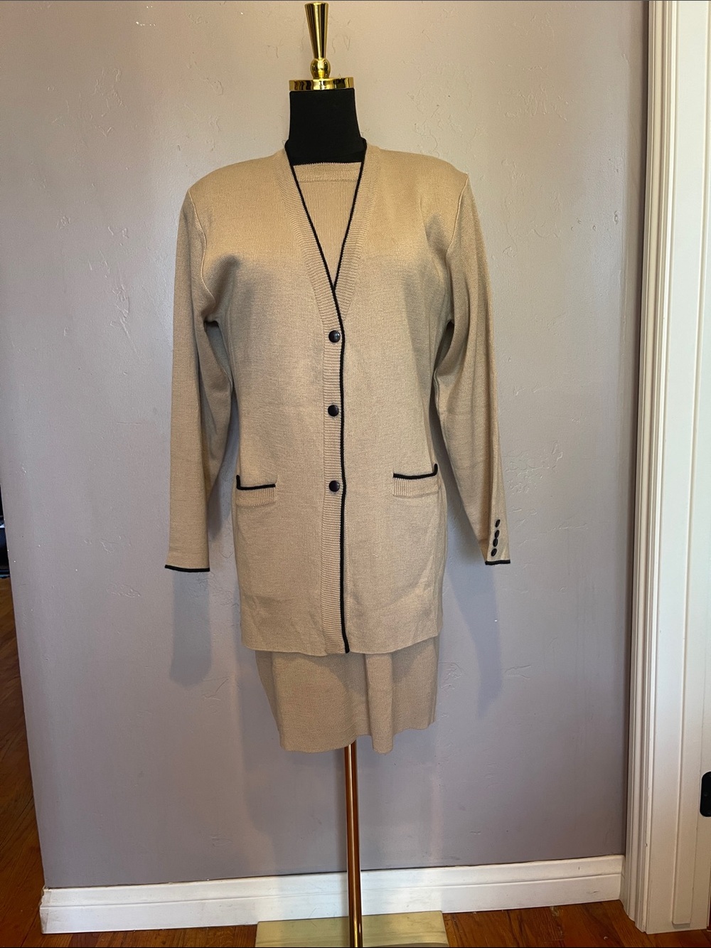 NWT Vintage Knights Ltd Knit Dress & Cardigan Set Tan Black Trim 2pc